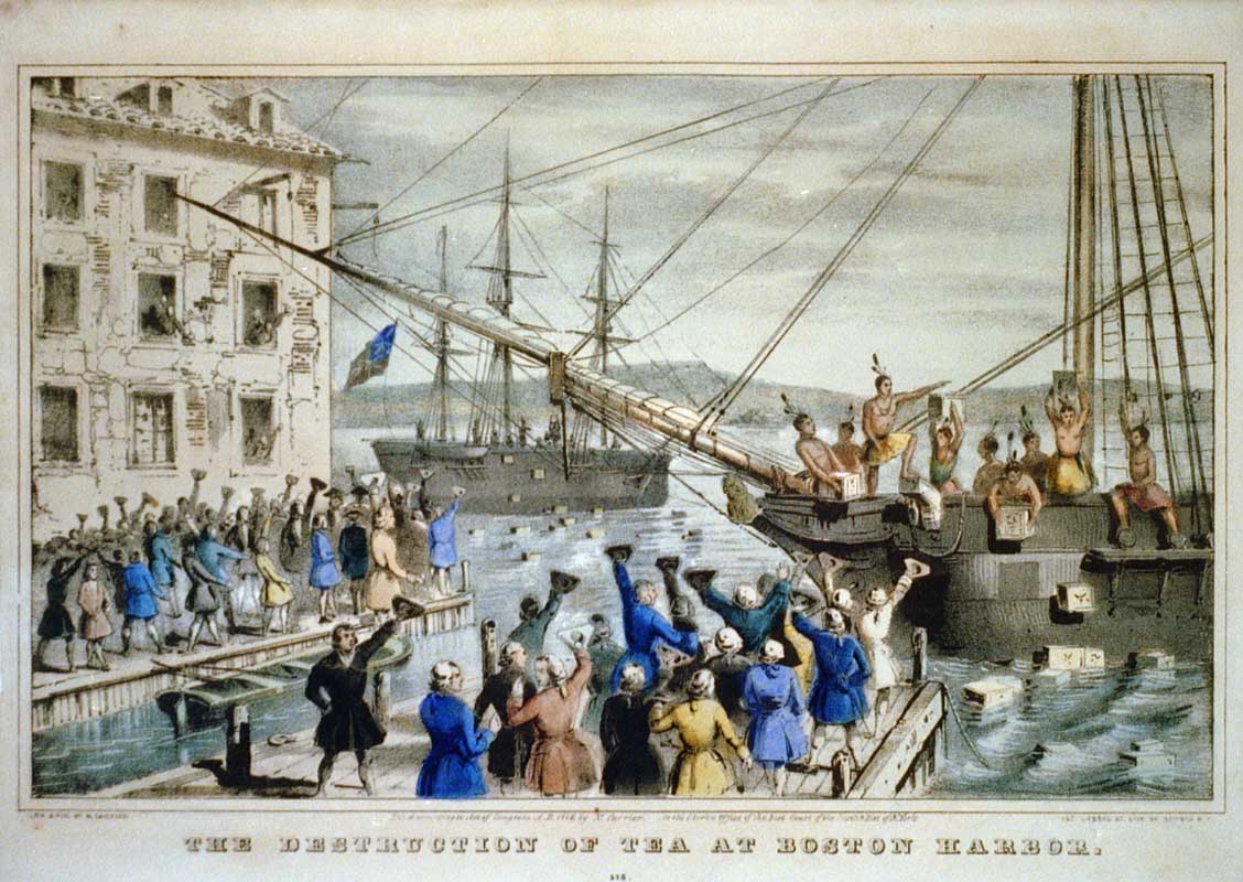 «Уничтожение чая в Бостонской гавани». Литография 1846 года.