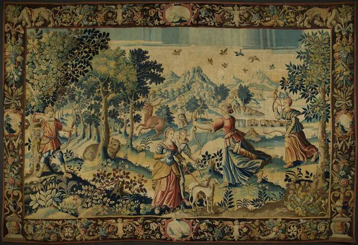 Шпалера «Охота Дианы и Актеона» (фрагмент)Фландрия, Брюгге, ок. 1625 г.Шерсть, шелк. 335×492 смМузей Грютхузе, Брюгге