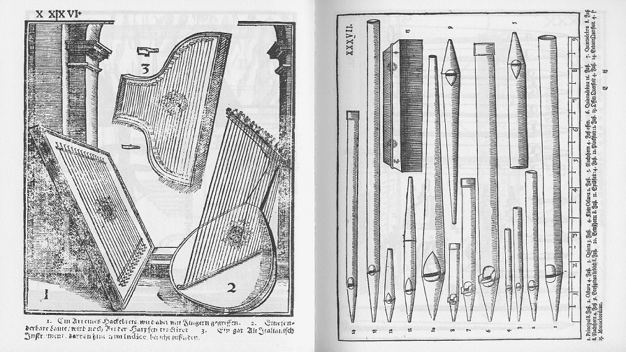 Одна из иллюстраций Theatrum Instrumentorum seu Sciagraphia, приложения к Syntagma Musicum, трактата Михаэля Преториуса.