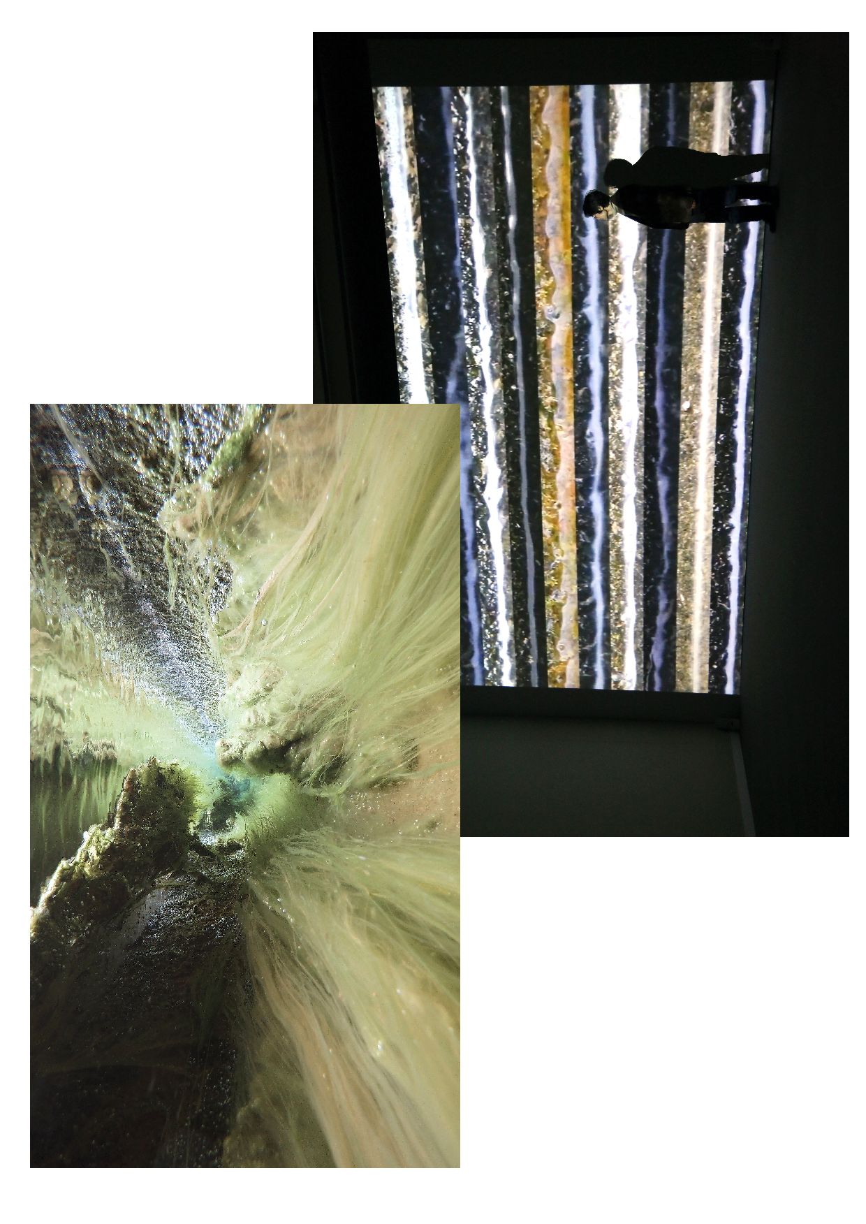 (1) Кадр из «The Stream VIII» (2018). (2) «The Stream II» на показе в «Aqua Passage,Shiga Citizens». Theatre for the Art
