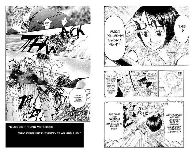 Левое изображение: страница из&nbsp;Vampire Knight.Правое изображение: страница из&nbsp;One Piece.