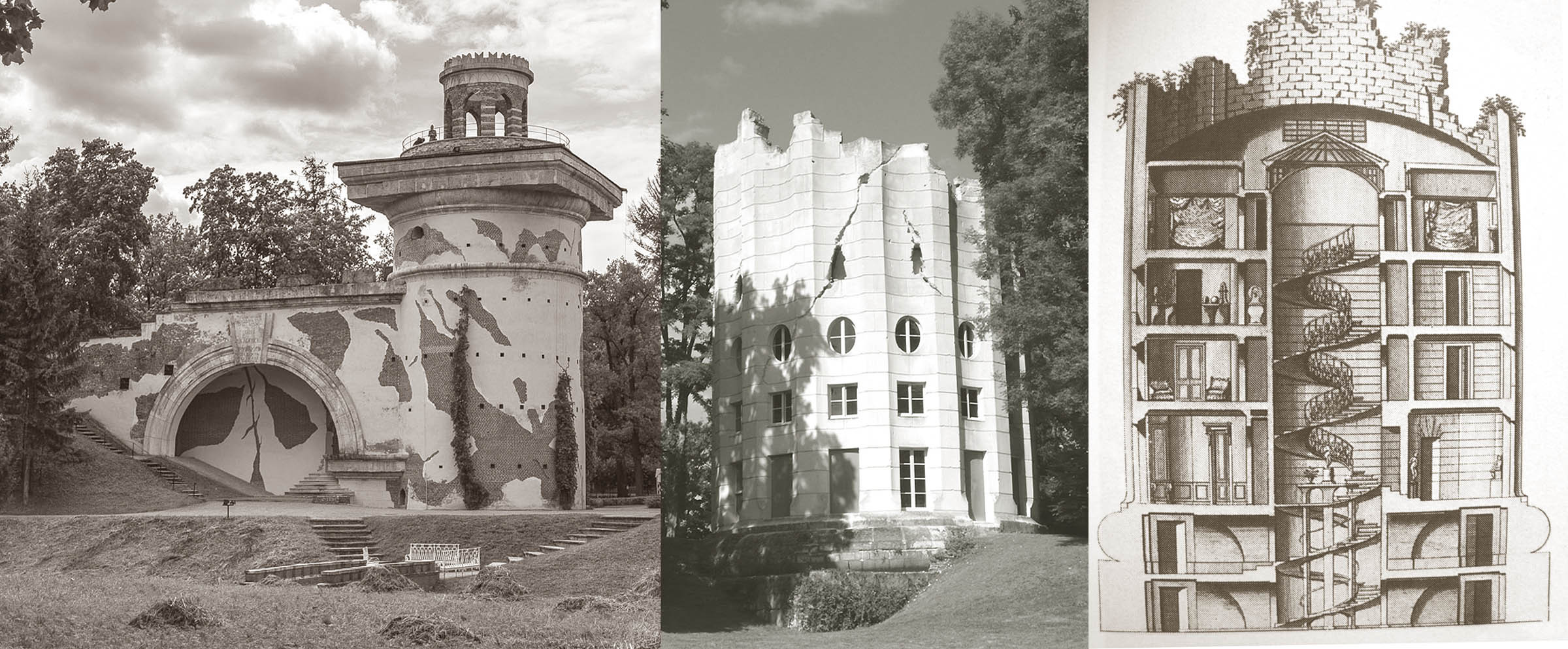 Слева&nbsp;— Ю. Фельтен, Башня-руина в&nbsp;Царском селе; в&nbsp;центре и&nbsp;справа&nbsp;— «Разрушенная колонна», парк Дезер де Ретц, Шамбурси.