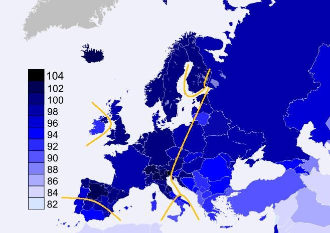 IQ регионов Европы на&nbsp;2012&nbsp;год по&nbsp;версии HBD Chick (о&nbsp;жёлтых линиях мы поговорим в&nbsp;последующих текстах)