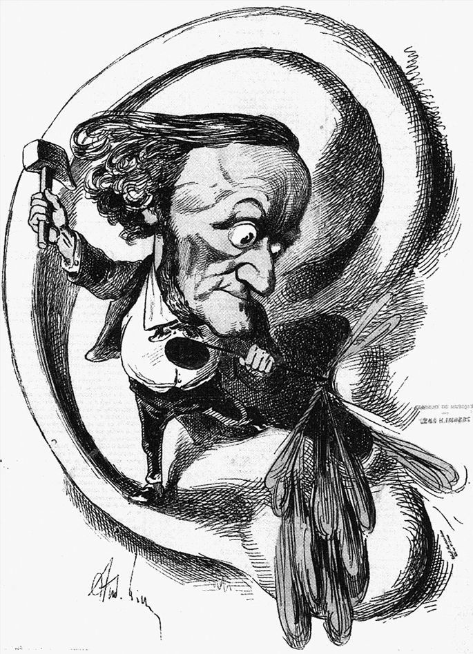 Карикатура 1869&nbsp;года работы французского художника Андре Жилля, иллюстрирующая представление о&nbsp;Вагнере как&nbsp;о&nbsp;революционере, а&nbsp;о&nbsp;его музыке&nbsp;— как&nbsp;о&nbsp;жестоком насилии над&nbsp;установленными правилами.