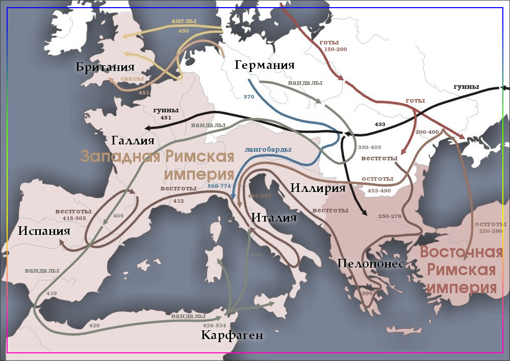 Карта Европы (150—550 годы) с изображёнными на ней путями миграции народов (в основном германских). Источник: https://de.wikipedia.org/wiki/Datei:Karte_v%C3%B6lkerwanderung.jpg