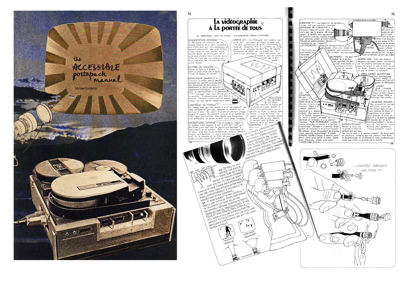 The image on the left is the cover of The Accessible Portapack Manual, a camera manual that greatly helped video artists in the early days of video. On the spreads on the right is one image from the manual (a girl with a camera), as well as text and illustrations from the French version “La vidéographie à la portée de tous”. Courtesy: Michael Goldberg