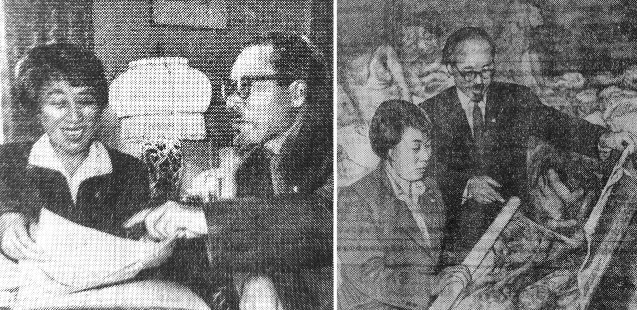 3. Left: The Marukis in Moscow. Right: Display of works at the exhibition. Source: newspaper "Vechernyaya Moskva" (1959. 25 June. p. 2; 1956. 13 November. p. 3.). Author of photos: G. Korabelnikov.