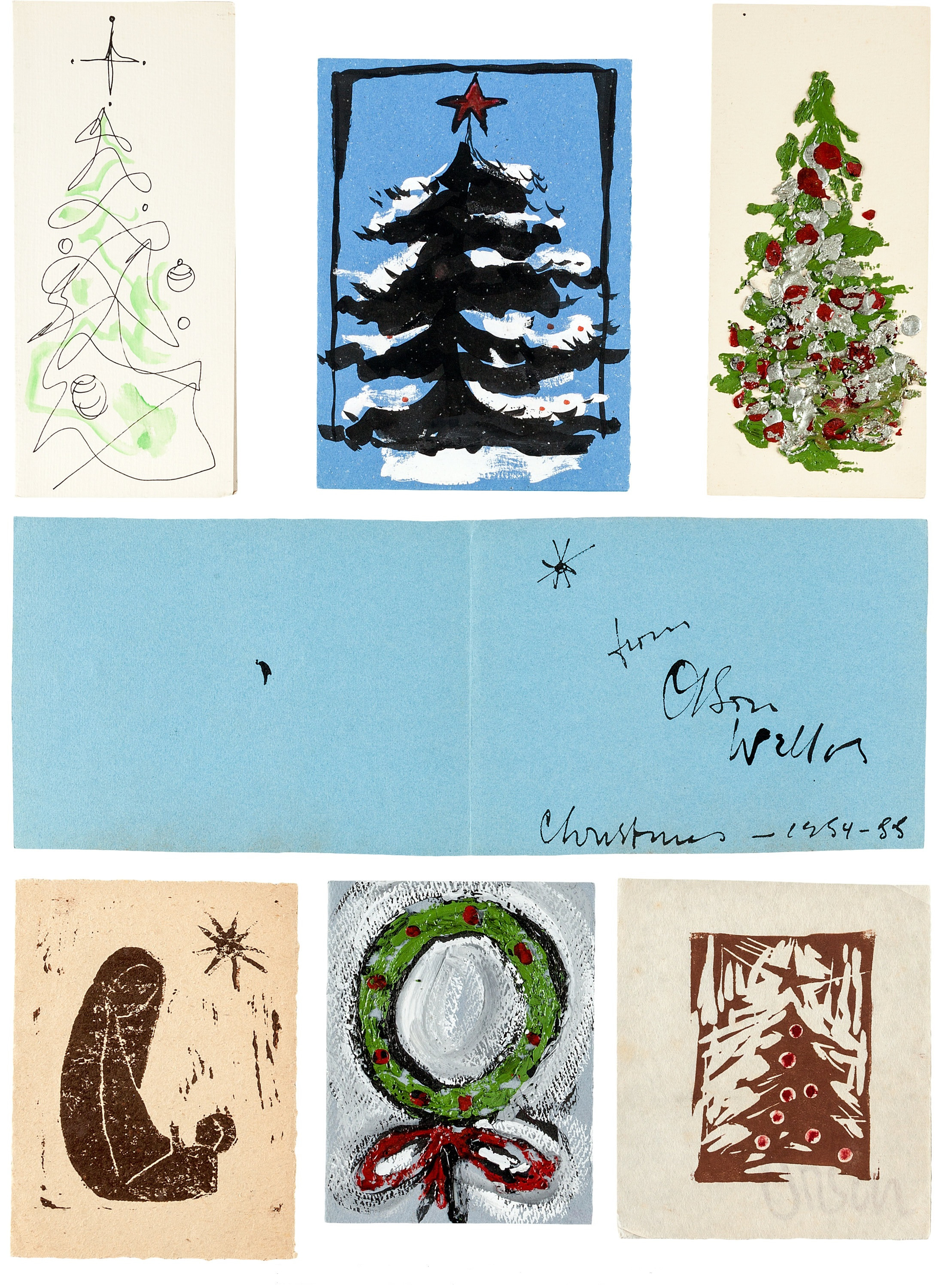Рождественская атрибутика на&nbsp;лицевых и&nbsp;внутренних сторонах самодельных открыток Орсона Уэллса
