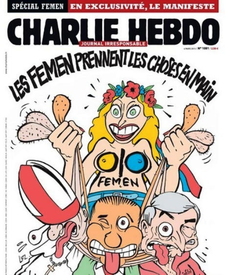 Движение Femen выступило соредактором 8-мартовского номера газеты Charlie Hebdo (2013&nbsp;г.). Обложку номера украсила активистка Femen, держащая за&nbsp;яйца трех основных секс-скандалистов года: Папу Римского, Сильвио Берлускони и&nbsp;Доминика Строс-Канна.