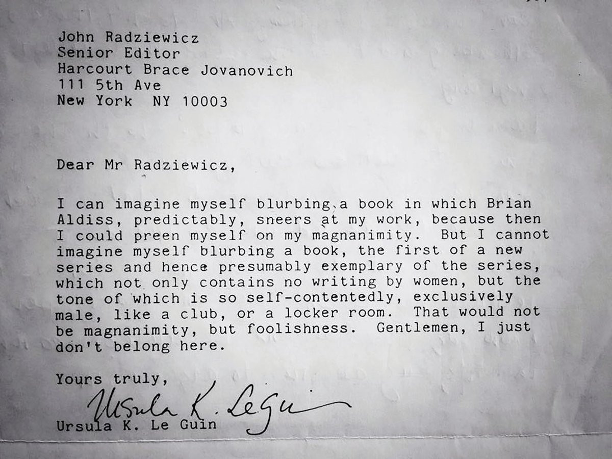 Письмо, в&nbsp;котором Урсула Ле Гуин отказывается писать аннотацию для антологии научной фантастики, потому что туда не&nbsp;включили ни&nbsp;одной женщины.