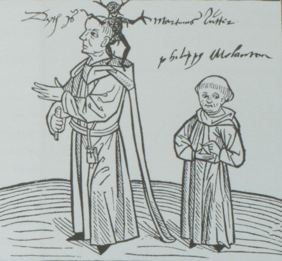 10. Позднейшая надпись, сделанная от&nbsp;руки: «Это&nbsp;— Мартин Лютер». Монашек справа подписан как&nbsp;Филипп Меланхтон, известный последователь Лютера. Иоанн Лихтенбергер. Предзнаменование. Майнц, 1492.