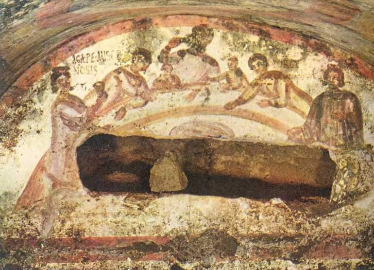Изображение Евхаристического пиршества (Агапа, «Вечеря любви»), роспись в катакомбах Марцеллина и Петра, Рим, Италия, IV век н. э.