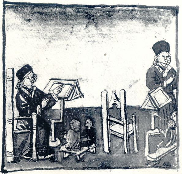 Августин покидает кресло учителя и&nbsp;уходит из&nbsp;класса. Миниатюра из&nbsp;«Жизни Святого Августина». Бостонская публичная библиотека, 1483&nbsp;год