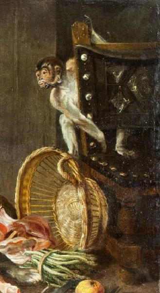 Фрагмент картины Франса Снейдерса «Собаки на&nbsp;кухне» с&nbsp;изображением португальского стула и&nbsp;обезьянки на&nbsp;нём в&nbsp;правой части БСИИ ASG, инв. № 04-0916