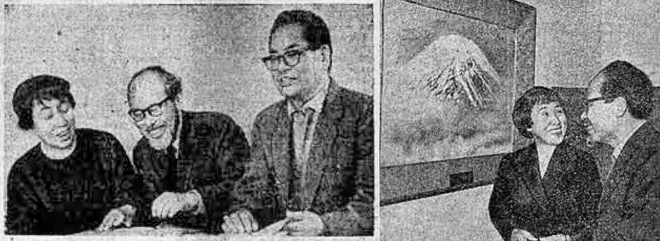 5.  Left: Maruki Toshi, Maruki Iri and Shinkai Kakuo in the editorial office of the newspaper "Soviet Culture" ("Soviet Culture". 1966. 05. 17. p. 4). Author of the photo: Y. Nikolaev. Right: Maruki Iri and Maruki Toshi at the painting "Mount Fuji in May" ("Soviet Culture". 1959. 06. 18. p. 4). Author of the photo: I. Galaniuk.