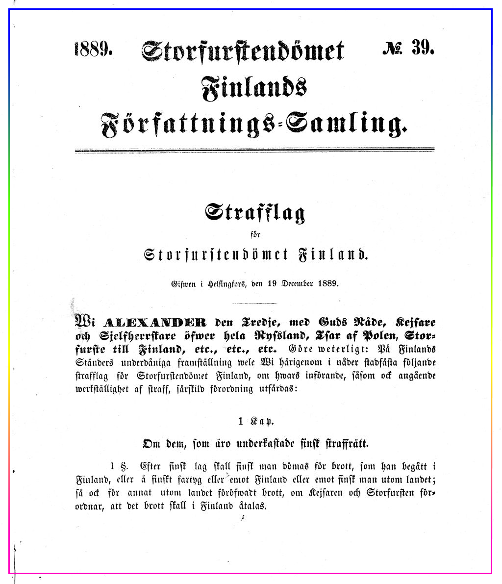 Первая страница Уголовного кодекса Финляндии 1889&nbsp;года на&nbsp;шведском языке.