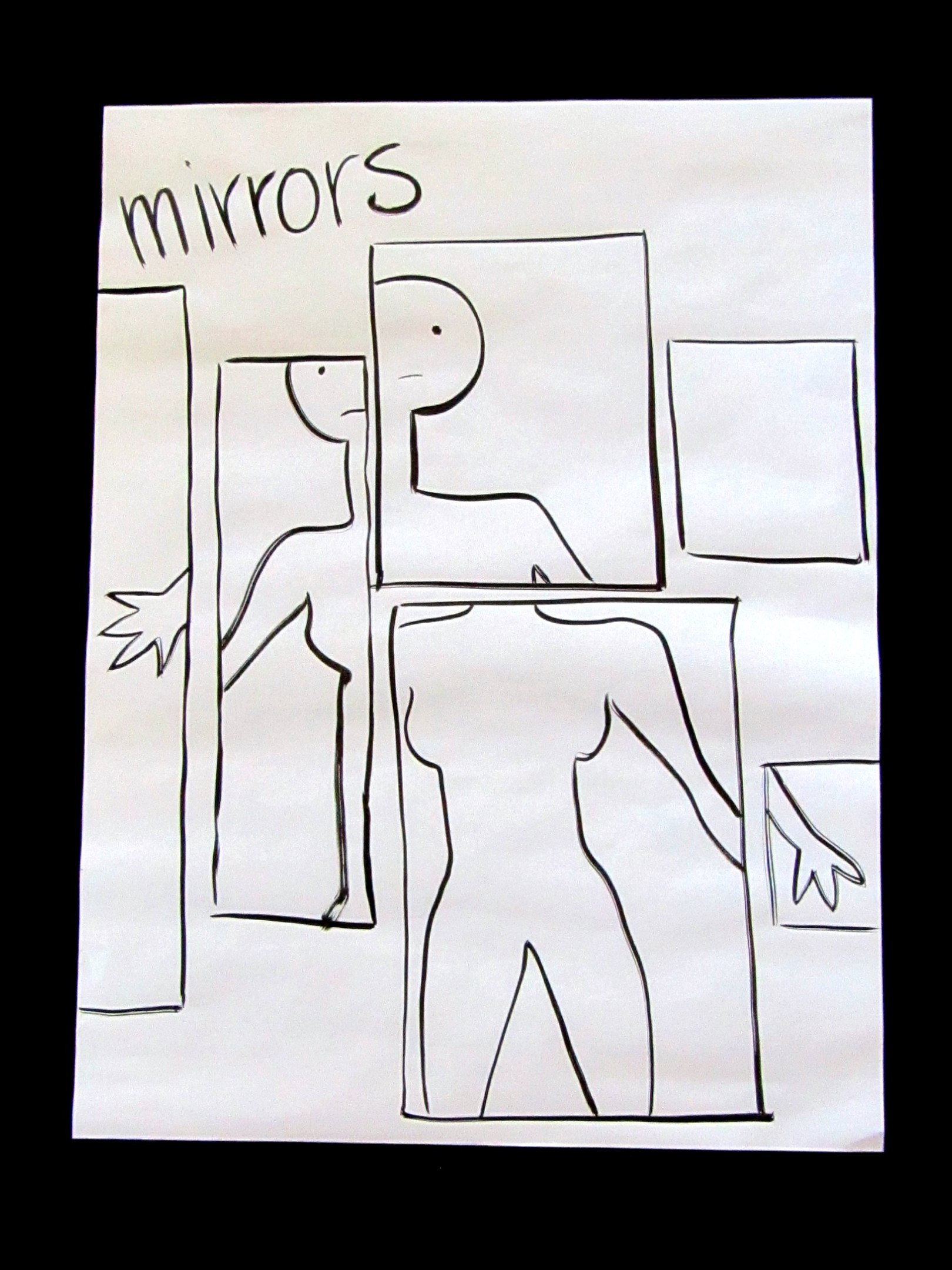 На&nbsp;картинке изображен черный фон. На&nbsp;нем лежит белый лист бумаги. На&nbsp;нём графически изображена фигура женщины. Разные её части тела отражаются в&nbsp;прямоугольных зеркалах. Если смотреть слева направо, то: в&nbsp;первом зеркале отражаются кисть её руки; во&nbsp;втором зеркале&nbsp;— часть лица, шеи, плечо и&nbsp;предплечье, часть груди; в&nbsp;третьем зеркале, расположенном сверху, отражаются другая часть головы с&nbsp;лицом, часть шеи, плечо и&nbsp;часть предплечья; под этим зеркалом четвёртое зеркало с&nbsp;отражением плечей, груди, туловища и&nbsp;верхней части ног; в&nbsp;пятом зеркале, расположенном сверху, нет отражения; в&nbsp;шестом зеркале, расположенном под ним, отражаются часть руки и&nbsp;кисть. В&nbsp;верхнем углу картины черным цветом написано слово “mirrors”, в&nbsp;переводе с&nbsp;английского «зеркала». Авторка картины&nbsp;— Юлия Цветкова.