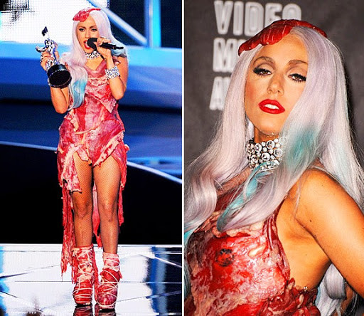 Figure 1: American pop singer Lady Gaga wearing a meat dress for the MTV Video Music Award, Los Angeles, 2010 (Source: http://www.mtv.com/news/2513136/2010-vmas-lady-gaga-meat-dress-real/)