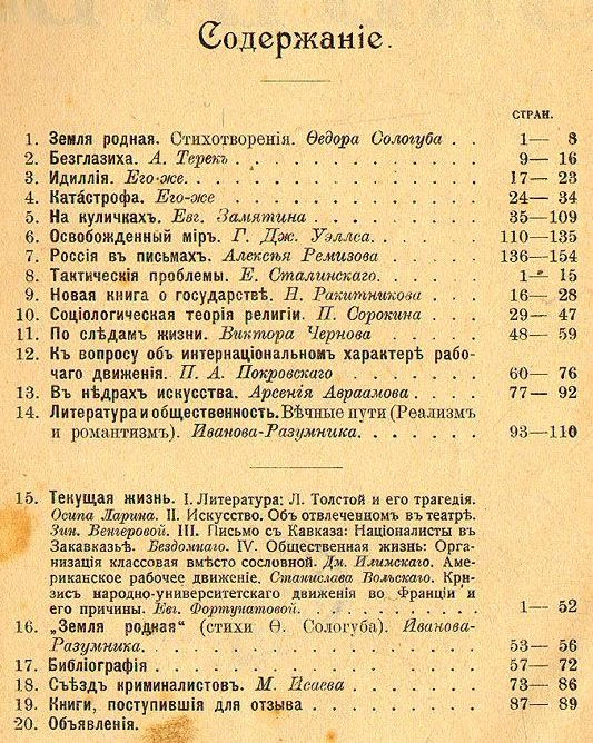 Содержание третьего номера журнала «Заветы», в&nbsp;котором была опубликована статья Питирима Сорокина о&nbsp;книге «Элементарные формы религиозной жизни».