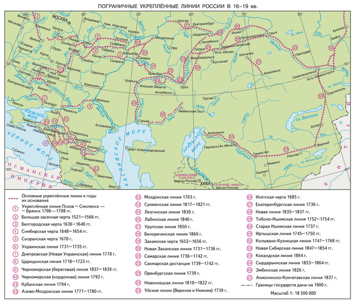Карта пограничных укреплённых линий в&nbsp;России в&nbsp;<nobr>XVI-XIX</nobr> вв.
