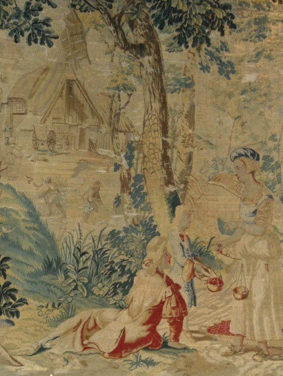 Шпалера «Ловец птиц и&nbsp;торговка вишней» (фрагмент)Фландрия, конец XVII&nbsp;в.Шерсть, шелк; шпалерное ткачество 242×162&nbsp;смБСИИ ASG, инв. №05-0445