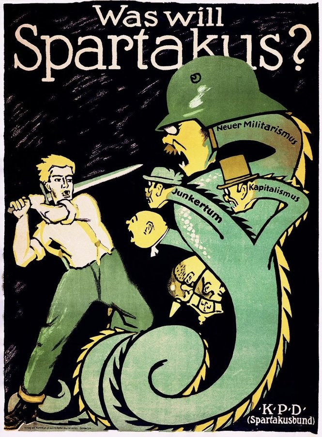 Плакат «Чего хочет Спартак?» (1919) Союза Спартака (позднее КПГ — Коммунистической партии Германии)