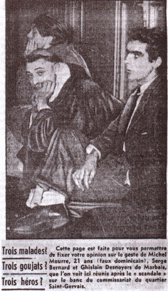 Леттристы Мишель Мурр, Серж Берна и&nbsp;Гилен Марбе в&nbsp;полиции после акции в&nbsp;Соборе Парижской Богоматери 9 апреля 1950