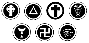 Знаки на&nbsp;нагрудниках служителей. Слева направо: иерофант, иерей, игемон, глашатай, приготовитель, факельщик, страж