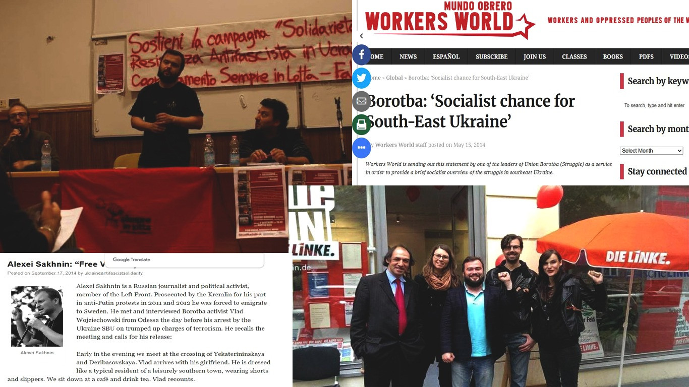 С.Киричук (“Боротьба”) при поддержке немецкой партии Die Linke и А.Сахнин (“Левый фронт”) выступающие и пишущие в европейских медиа и на европейских площадках про “украинский фашизм”.