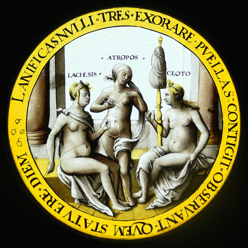 The three fates, Lachesis, Atropos, and Cloto; by Hans Vischer ca 1530 AD. Kunstgewerbemuseum Berlin.