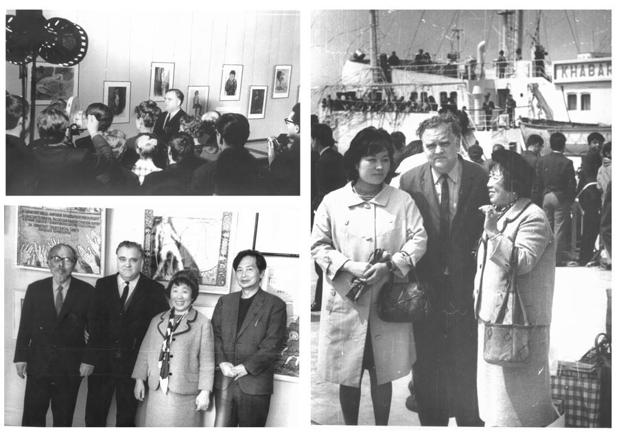 11. Exhibiton; group portrait with A.D. Fatyanov and cameraman Miyajima; A.D. Fatyanov in Japan near the motor ship "Khabarovsk" in the company of Maruki Toshi and Oda Kyoko (1967). Photos provided by: Irkutsk Regional Art Museum named after V.P. Sukachev.