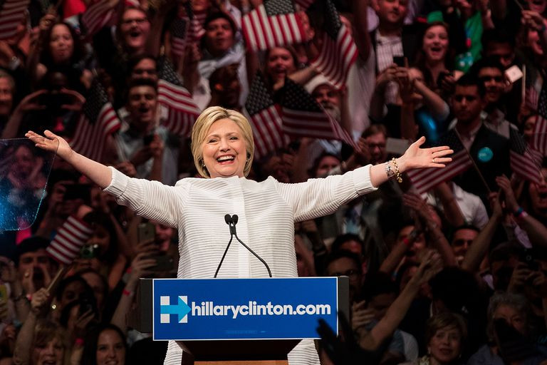 Hillary Clinton in Brooklyn, June 7, 2016, after winning primaries in several states, resulting in enough pledged delegates to win the Democratic nomination for president. Drew Angerer / Getty Images