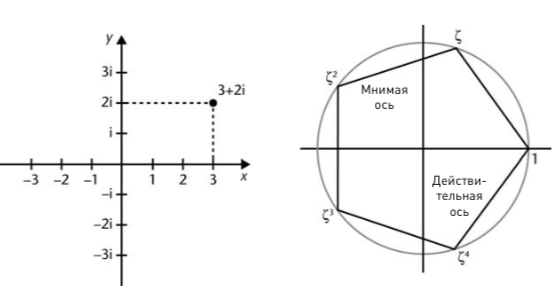 Комплексная плоскость (слева). Пять комплексных корней единицы (справа)