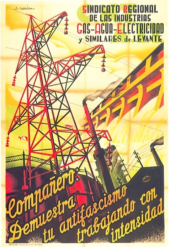 Affiche, 1937, Carrilero, Syndicat eau, gaz, électricité du Levant, Démontre ton antifascisme en travaillant