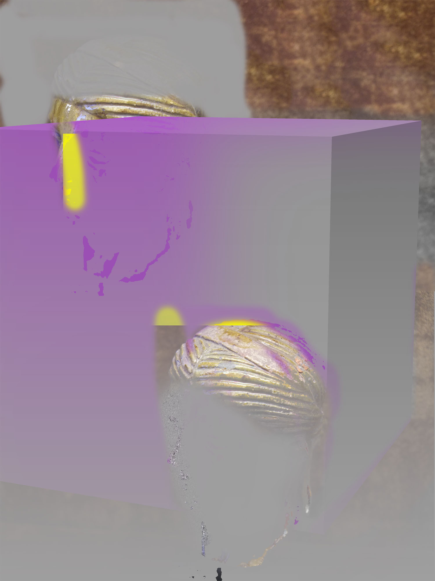 Андрей Богуш, Proposal for duplicated head, purple and grey default cube Proposals 2015, archival inkjet print 140×105 cm ed. ⅓ +2AP