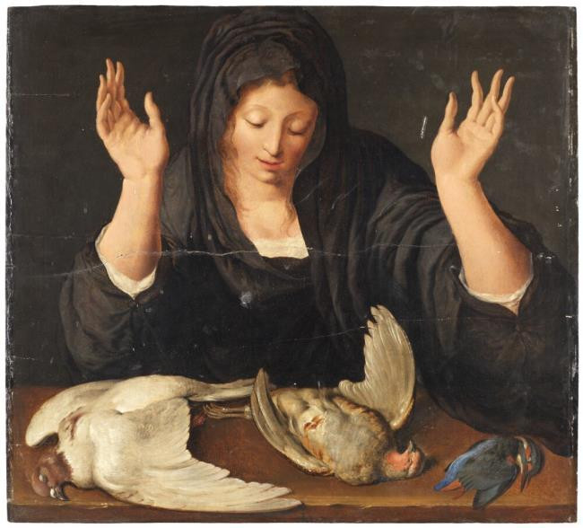 Гейн, Жак де II Молодая женщина оплакивает трех мертвых птиц: голубя, куропатку и&nbsp;зимородка (1619-1620).Дерево (орех), масло. 64,3×70,4&nbsp;см.&nbsp;Национальный музей Стокгольма