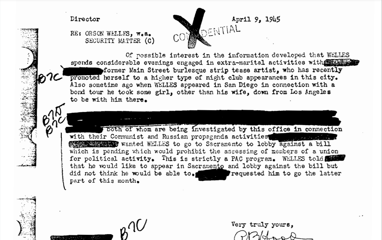 Документ из&nbsp;архива ФБР про&nbsp;компрометирующие связи Орсона Уэллса