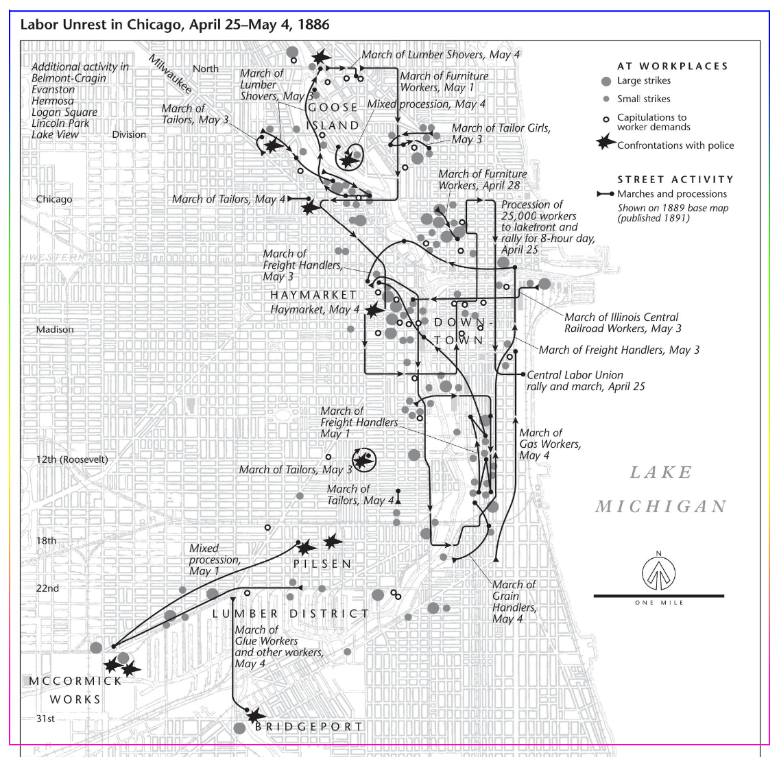 Карта выступлений рабочих в Чикаго, 25.04.-04.05.1886. Синим выделен завод Маккормика, розовым — площадь Хеймаркет. Серыми кругами отмечены забастовки, черными стрелками — марши и шествия, черными звездами — столкновения с полицией. Авторы: Michael P. Conzen и Christopher P. Thale. Источник: Newberry Library. 