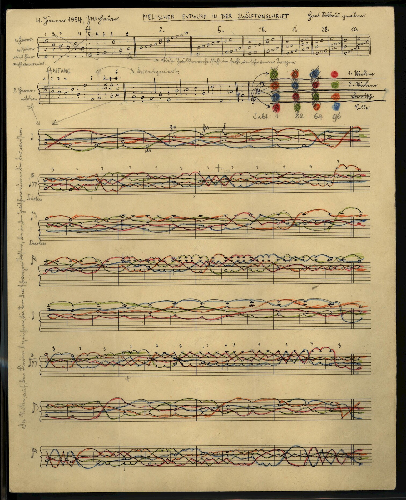 Фрагмент наброска струнного квартета Хауэра, написанного в&nbsp;1954&nbsp;году и&nbsp;посвященного австрийскому дирижеру Хансу Росбауду.