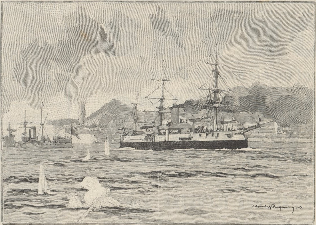 Повстанческий корабль Аквидабан бомбардирует форты Рио-де-Жанейро, рисунок Фоукерая на&nbsp;основе фотографии, опубликовано в&nbsp;газете Ла Монде, 1893&nbsp;год. 