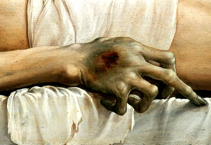 Ганс Гольбейн Младший, «Мертвый Христос в&nbsp;гробу», 1521-1522 (фрагмент)