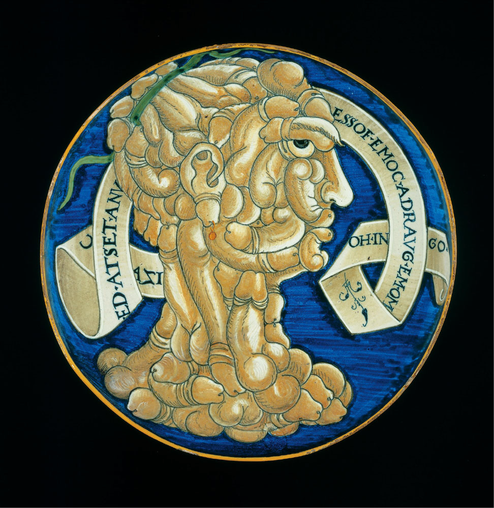 Francesco Urbini&nbsp;— Testa di cazzi (from Casteldurante), 1536, maiolica plate. Ashmolean Museum, Oxford.