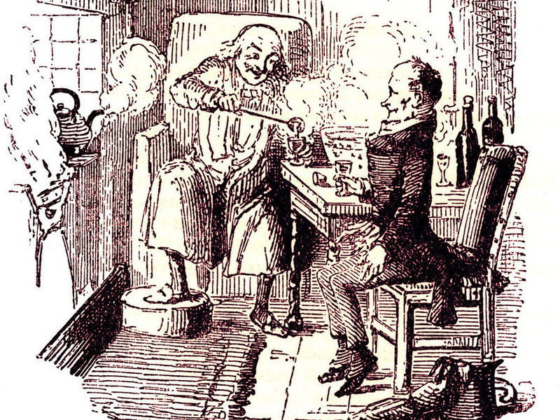 Эбенезер Скрудж угощает Боба Крэтчита «Дымящим епископом». Иллюстрация к&nbsp;книге «Рождественская песнь»