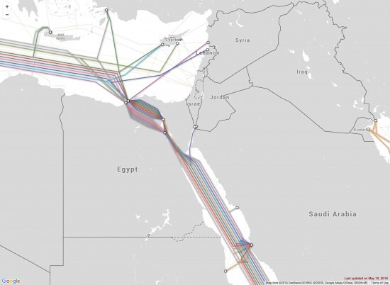 Подпись картинки: Оптоволоконные кабели, ведущие в&nbsp;Египет, на&nbsp;Карте подводных кабелей 