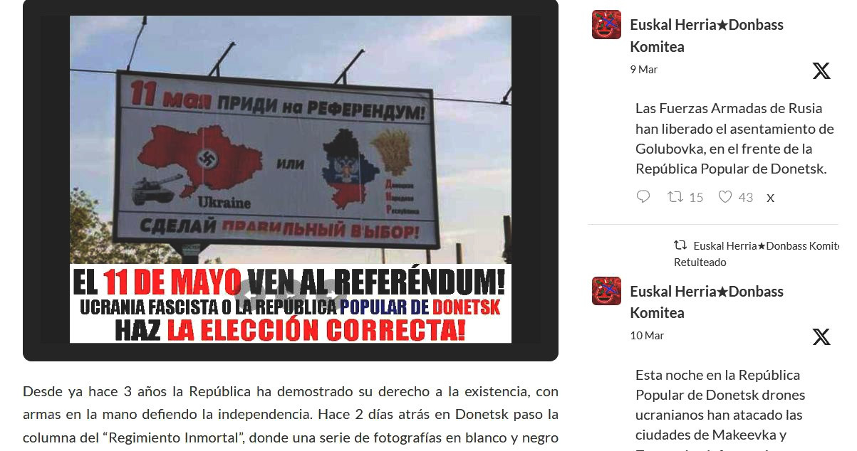 призыв к референдуму для образования “ДНР”, на пропагандистском сайте Испании — Euskal Herria-Donbass Elkartasun Komitea. “приди на референдум! сделай правильный выбор!”