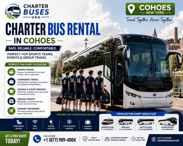 Book a Charter Bus Rental in Cohoes for Local and Long-Distance Trips