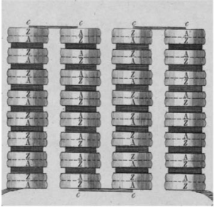 Электрическая батарея Вольта, состоящая из&nbsp;столбиков серебряных (A) и&nbsp;цинковых (Z) дисков.