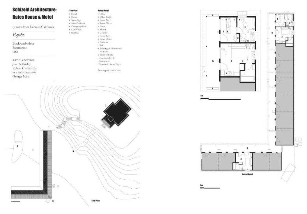 План территории и&nbsp;мотель Бейтса. Разворот из&nbsp;книги Стивена Джейкобса «Неправильный дом. Архитектура Альфреда Хичкока»