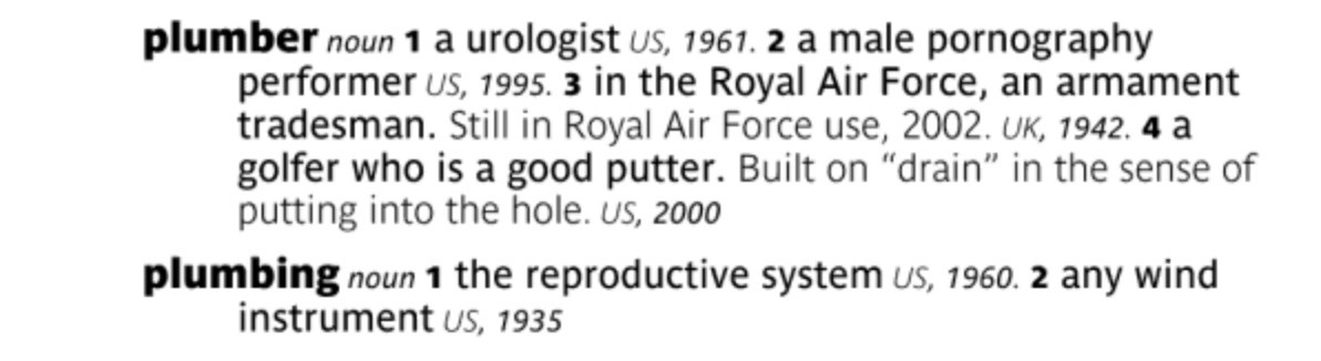 Водопроводчик (сущ.)… 2. мужчина-актер в&nbsp;порнографии (США, 1995). Tom Dalzell and Terry Victor (eds), The Concise New Partridge Edition of Slang and Unconventional English. London: Routledge, 2014, p. 604.