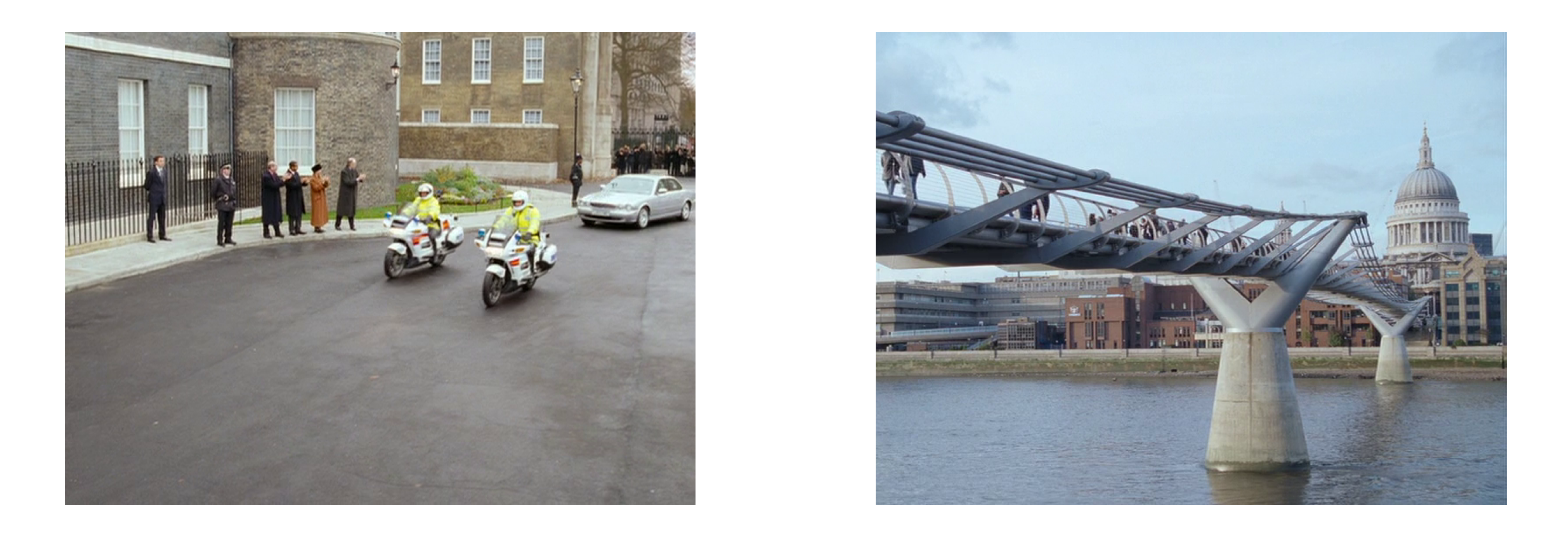 Слева: Даунинг-стрит, 10. Прибытие кортежа к правительственному зданию. Справа: Знаменитый мост Тысячелетия (или мост Миллениум) — пешеходный мост через Темзу по проекту Нормана Фостера